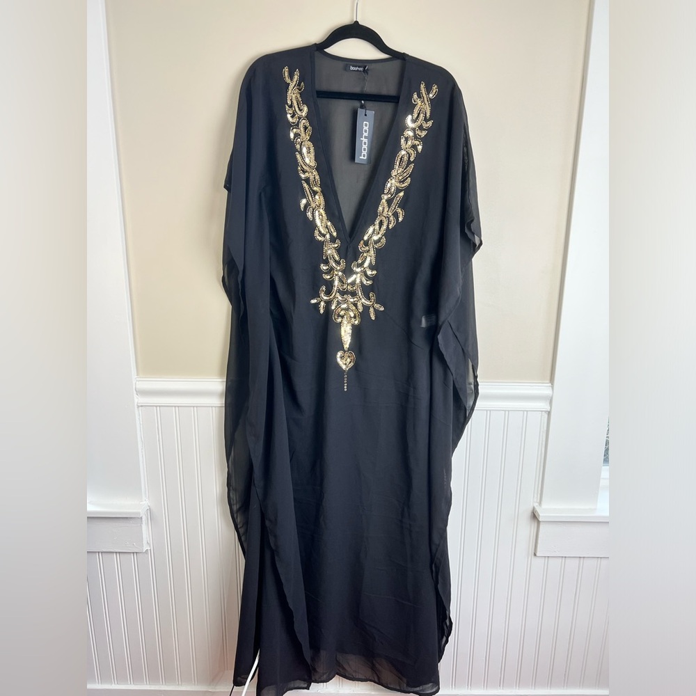 Boohoo Black Sheer Kaftan Swim Coverup with Gold Embellishment - Picture 12 of 12